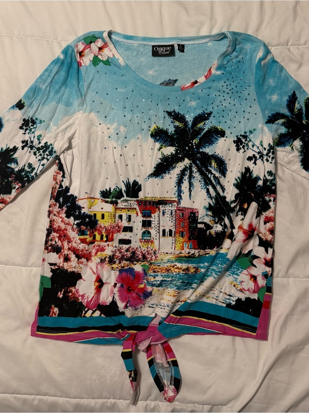 Onque Casuals Aqua Tropical Tie-Hem Long Sleeve Tee